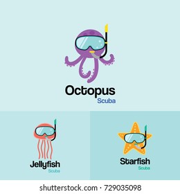 Sea life Animal  Scuba Logo Template. Octopus, Jellyfish, Starfish with scuba diving mask in flat design for Diving and Snorkeling equipment shop, diving School.