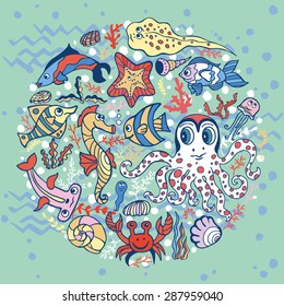 Sea life animals circle set: fish,  octopus, crab, seahorse with coral,seaweed,shell. Funny cartoon doodle underwater world. Baby hand drawing Vector. Summer travel, tropical composition,background.