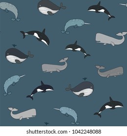 sea life animals doodle vector seamless pattern