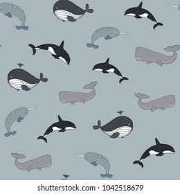 sea life animals doodle vector seamless pattern