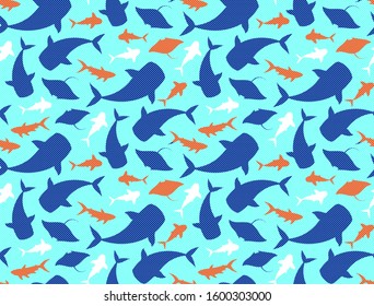 Sea life animals, fishes pattern. Vector seamless ocean wildlife wallpaper. Marine mammals orange blue background. Flat silhouette fish species illustration.