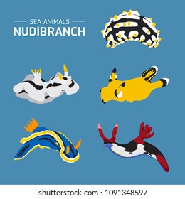 Sea life animals Nudibranch set vector