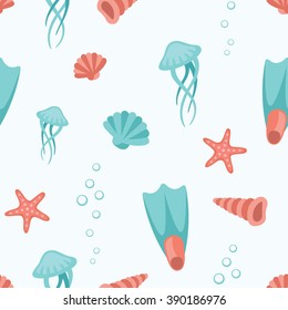 Sea Life, Animals, Objects And Symbols Flat Style Pattern Texture. Hand Drawn Cartoon Vector Illustration And Icon Set On White Background.