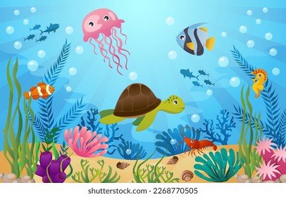 Sea life animals with ocean scene . Cartoon style . Vector .