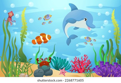 Animales de vida marina con escena oceánica. Estilo de caricatura . Vector.