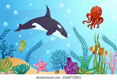 Sea life animals with ocean scene . Cartoon style . Vector .