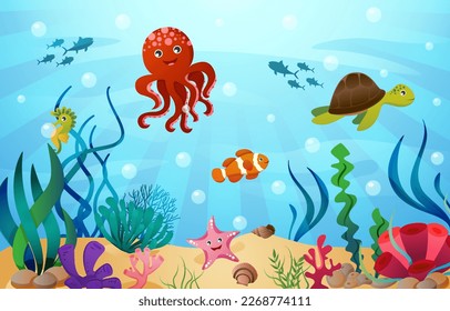 Sea life animals with ocean scene . Cartoon style . Vector .