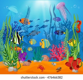 Sea life animals plants composition colored cartoon and marine life   various types algae vector illustration