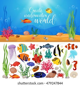 Sea life animals plants composition with underwater sea life marine icon set and title create underwater world vector illustration
