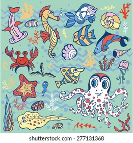 Sea life animals set: fish,  octopus, crab, seahorse with coral,seaweed,shell. Funny cartoon doodle underwater world. Baby hand drawing Vector. Summer travel, tropical composition,background.