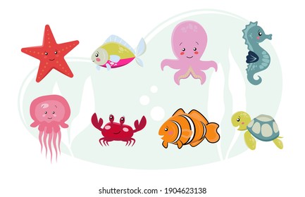 Vida marina, animales de mar de estilo plano aislados en un fondo blanco. Ilustración vectorial. Cuta colección de animales de dibujos animados: caballito de mar, estrella, pulpo, tortuga, pescado, medusa, cangrejo