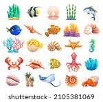 Sea life animals, sea shells, and coral reef cartoon collection