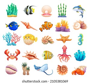 Animales marinos, conchas marinas y colección de dibujos animados sobre los arrecifes de coral