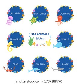 Sea life animals vector stickers set. Cute marine underwater creatures collection with octopus seahorse sea turtle crab jellyfish whale dolphin and medusa. Illustration in flat cartoon style