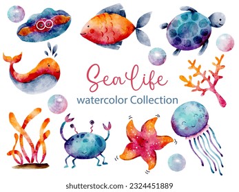 Sea Life Animals Watercolor Vector Isolated Elements Set