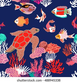 Sea life art. Seamless vector pattern with hand drawn fishes, tortilla and corals on seaweed background. Marine textile collection. Tropical ocean. Dark blue.
