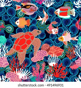 Sea life art. Seamless vector pattern with hand drawn fishes, tortilla and corals on seaweed background. Marine textile collection. Tropical ocean. Dark blue mosaic background.