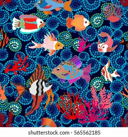 Sea life art. Seamless vector pattern with hand drawn fishes and corals on seaweed background. Marine textile collection. Tropical ocean. Blue mosaic background.
