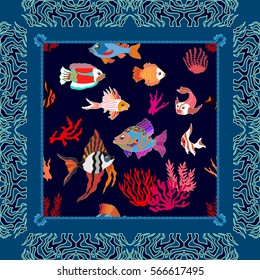 Sea life art. Silk scarf with hand drawn fishes and corals on seaweed background. Marine textile collection. Tropical ocean. Dark blue mosaic background.