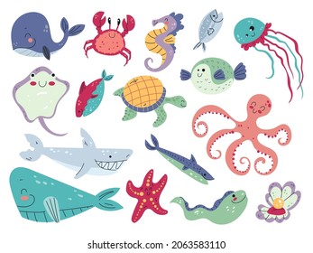 Sea life. Baby cute marine animals, underwater world inhabitants, tropical ocean fauna, cartoon whales, crab and octopus, shark and turtle, wildlife and aquarium creatures vector set