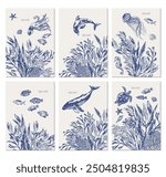 Sea life background in blue color with octopus, dolphin, whale, sea turtle, jellyfish, fish, seaweed plants, laminaria, fucus, corals, seashells.