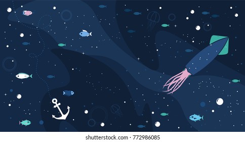 Sea life background with fish, anchor, squid and bubbles in the ocean. Water world vector illustration template for your design or wallpaper.