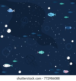 Sea life background with fish and bubbles in the ocean. Water world vector illustration template. Seamless pattern for your design or wallpaper.