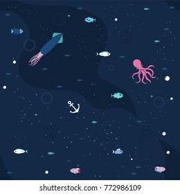 Sea life background with fish, medusa, octopus, squid and bubbles in the ocean. Water world vector illustration template. Seamless pattern for your design or wallpaper.