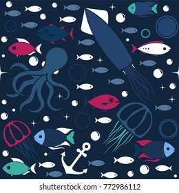 Sea life background with fish, medusa, octopus, squid and bubbles in the ocean. Water world vector illustration template. Seamless pattern for your design or wallpaper.