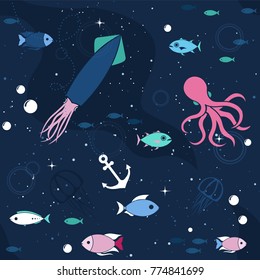 Sea life background with fish, medusa, octopus, squid and bubbles in the ocean. Water world vector illustration template. Seamless pattern for your design or wallpaper.