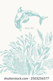 Sea life background in light green color with dolphin, seaweed plants, laminaria, fucus, corals, seashells.