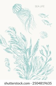 Sea life background in light green color with jellyfish, fish, seaweed plants, laminaria, fucus, corals, seashells.