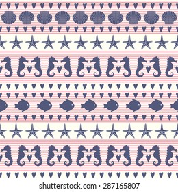 Sea life Background. Navy vector seamless pattern: fish, seahorse, starfish, heart, shell, stripes. Cute nautical background. Baby shower vector illustration.