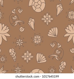 Sea life background. Seamless underwater pattern. Hand drawn vector illustration. Seashells and doodle elements. Beige and brown colors.