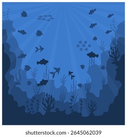 Fundo da vida marinha com recifes de coral subaquático, peixes tropicais e plantas marinhas. Ilustração do oceano de desenhos animados vetoriais com profundidade azul e cenário natural. Linda fauna aquática e flora arte.