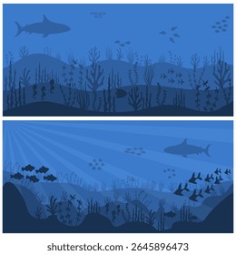 Sea life background with underwater coral reef, tropical fish, and marine plants. Vector cartoon ocean illustration with blue depth and natural scenery. Beautiful aquatic fauna and flora art.