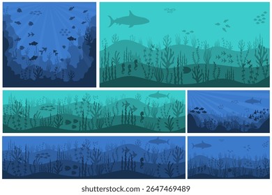 Fundo da vida marinha com recifes de coral subaquático, peixes tropicais e plantas marinhas. Ilustração do oceano de desenhos animados vetoriais com profundidade azul e cenário natural. Linda fauna aquática e flora arte.