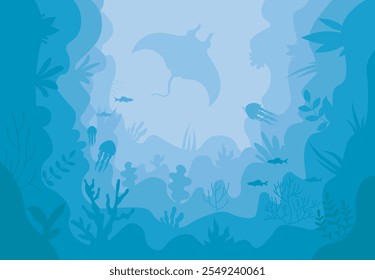 Fondo de la vida marina. Mundo submarino con siluetas de animales y peces. Algas, medusa y rayas. Flora y fauna marina. Naturaleza y medio ambiente. Ilustración vectorial plana