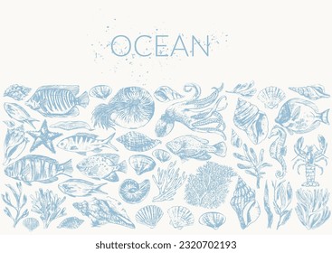 Sea life background wirh sea animals and fish illustration, octopus, nautilus, shells, seahorse, star fish, seaweed, corals. Ocean border for summer and beauty design.