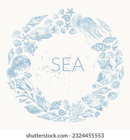 Sea life background wirh sea animals and fish illustration, nautilus, shells, seahorse, starfish, seaweed, corals. Ocean border frame for summer and beauty design.