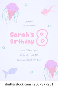 Sea life birthday invite for kids. Playful eighth birthday card in soft pastel tones with fish, bubbles, and jellyfish. Marine life postcard children concept