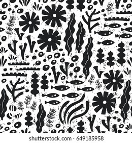 Sea life black seamless pattern with fish and water plant. Vector illustration. Wrapping. Surface decoration.