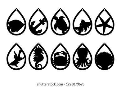 Sea life black silhouettes. Earrings cutting files templates. Basis graphics on white background