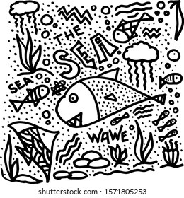 The sea life black and white doodle sketch. Underwater world illustration for coloring book.