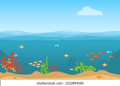 Sea life. The bottom of the ocean with fish and algae. Realistic sea landscape. Flat design, vector.