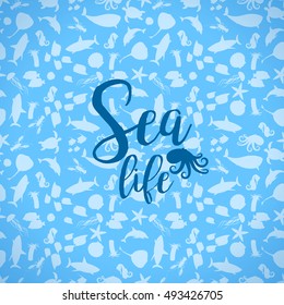 Sea life card with silhouettes seamless pattern. Vector illustration