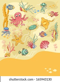 Sea life card yellow. Template for your text. Cartoon vector illustration.