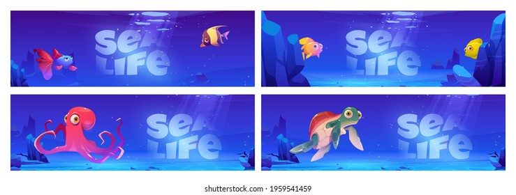 Sea life cartoon banners with underwater fishes and animals turtle and octopus on ocean bottom with rocks around. Wild cute creatures with big eyes, marine characters, Cartoon vector illustration