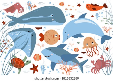 Sea life. Cartoon cute different fish, algae, corals, starfish on white background. Baby wallpaper, children's party background. Whale, dolphin, shark, turtle, crab, stingray