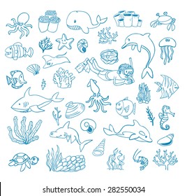 sea life cartoon doodle, vector illustration. 